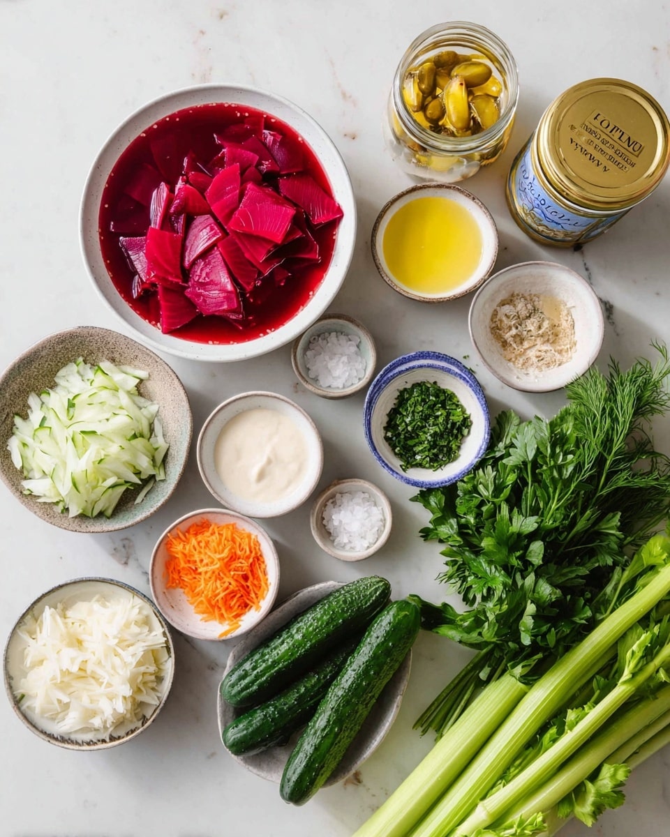 The image shows a white marbled surface with several bowls and fresh ingredients arranged neatly. There is a large white bowl filled with bright red sliced beetroot in liquid, placed near the center. Surrounding it are smaller bowls containing finely chopped white onion, two kinds of white creamy sauces, chopped fresh green herbs, grated orange carrot, a small amount of salt, and some light yellow liquid. On the right side, there are fresh green cucumbers, leafy green herbs, a glass jar with a golden lid holding preserved yellow fish in oil, and stalks of light green celery with leafy tops. The whole scene is bright and clean with natural light highlighting the colors and textures of the vegetables and bowls. Photo taken with an iphone --ar 4:5 --v 7