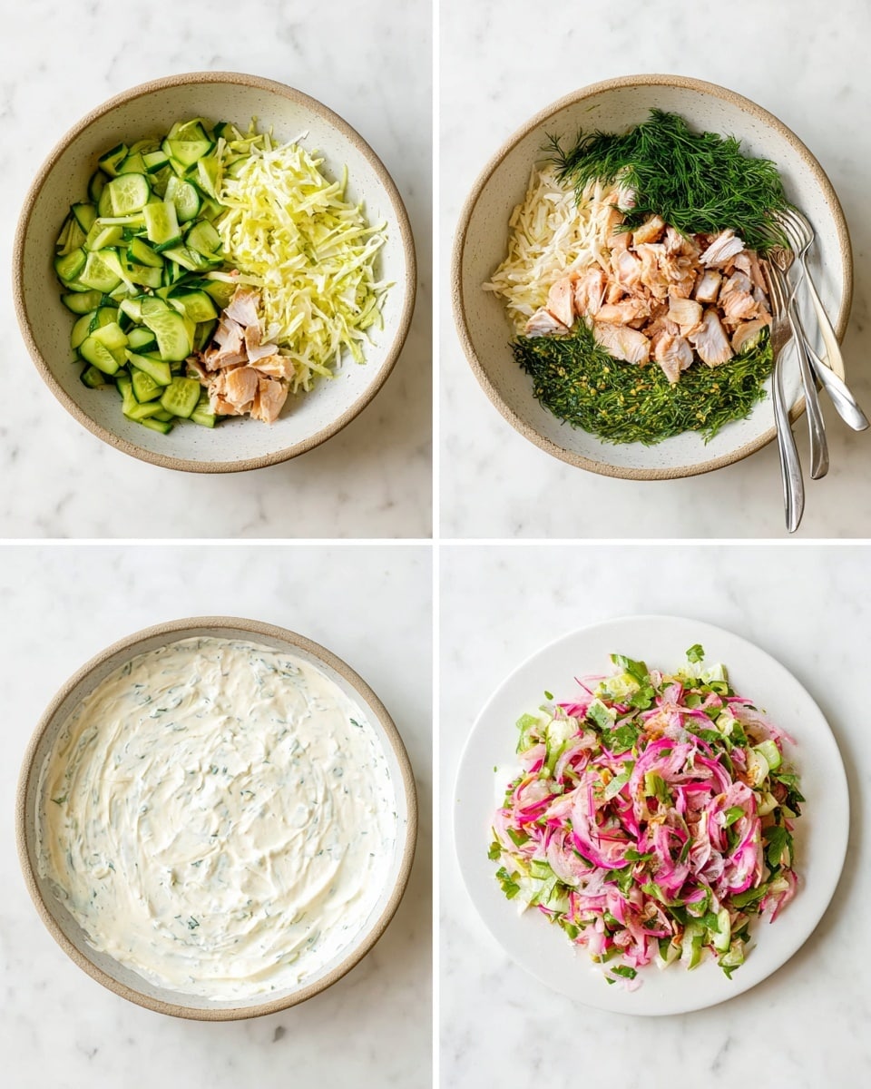 The image shows four stages of making a salad dish on a white marbled surface. The first stage is a bowl with layers of food: bright green cucumber slices on the left, followed by chopped dark green herbs, shredded pale yellow vegetables, light pink pickled onions in the center, chunks of light brown fish on top, and fresh green dill on the right. The second stage shows the same bowl now mixed together with the different colors spread evenly, including greens, pale yellows, pinks, and light brown pieces with two silver forks. The third stage is a white plate with a spread of thick white sauce with specks of green herbs, smooth and creamy in texture. The last stage shows the mixed salad pile now on top of the white sauce, with the colorful mix of cucumbers, pink onions, herbs, and fish forming a rough circle in the center of the plate. Photo taken with an iphone --ar 4:5 --v 7