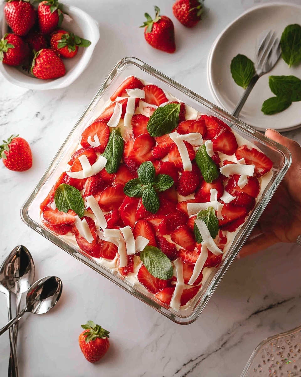 A three-layer dessert slice on a white plate with a white marbled surface, showing layers of light yellow sponge cake and white creamy filling mixed with red strawberry pieces. The top layer is decorated with neatly sliced strawberries and a whole strawberry with green leaves, along with a fresh green mint leaf and small white chocolate curls. The dessert looks soft and fresh, with visible red strawberry juice slightly blending into the white cream. A silver fork with a bite of the layered cake rests on the plate, and some whole mint leaves are scattered nearby. Photo taken with an iphone --ar 4:5 --v 7
