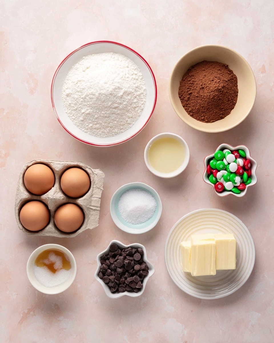 The image shows nine bowls and plates with baking ingredients on a soft pink surface changed to white marbled texture. In the center, there is a white round bowl filled with white sugar. Above it, a white bowl with a red rim holds white flour. To the right is a beige bowl filled with brown cocoa powder. On the far right, there is a white ridged plate with two blocks of butter. Below the cocoa bowl, there is a white bowl with white salt, next to it a small white bowl with light brown vanilla extract. Below the sugar bowl, a white bowl contains dark brown chocolate chips. To the left of that are four brown eggs in a white ceramic egg holder. Above the chocolate chips is a white flower-shaped bowl filled with colorful chocolate candies in green, red, white, and dark brown. All items are neatly arranged on the white marbled background. Photo taken with an iphone --ar 4:5 --v 7