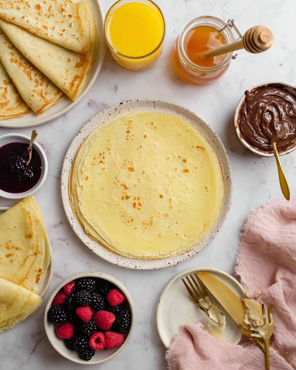 A white oval plate holds a pile of thin, golden-yellow crepes, each folded into quarters and layered closely together in a slightly fanned-out arrangement. The crepes show delicate patterns of light browning and soft textures, creating a warm, inviting look. A woman's hand is gently holding the left side of the plate, which rests on a soft light pink cloth atop a white marbled textured surface. photo taken with an iphone --ar 4:5 --v 7