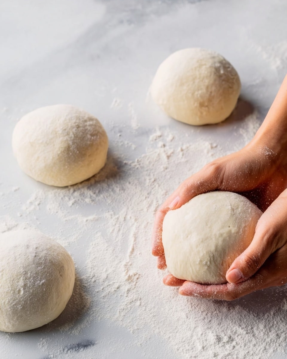 Four smooth, round dough balls sit on a white marbled surface lightly dusted with flour. A woman's hands are gently shaping one dough ball in the foreground, showing the soft, pale texture of the dough. The other three dough balls are spaced out, each with a slightly puffy and smooth surface. photo taken with an iphone --ar 4:5 --v 7