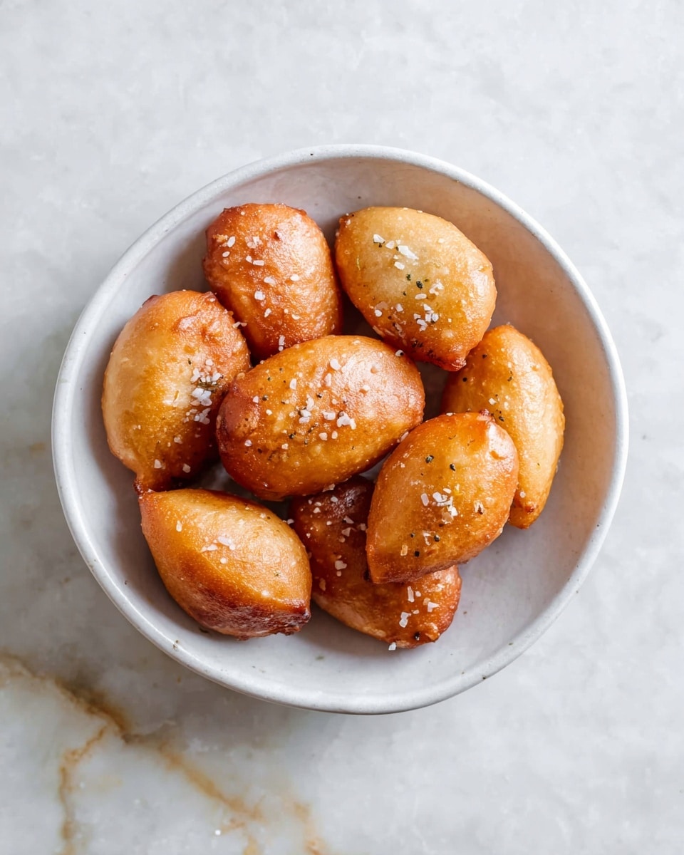 A white bowl is filled with eight small, golden-brown pieces of fried dough that have a slightly shiny surface and some salt crystals sprinkled on top. The dough pieces are irregularly shaped, with smooth skin and some small cracks or darker spots, arranged loosely inside the bowl. The bowl sits on a white marbled surface with subtle veins and a clean, bright look. photo taken with an iphone --ar 4:5 --v 7
