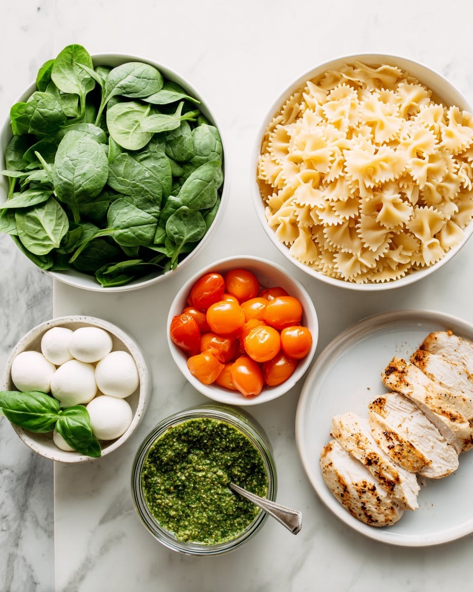 The image shows six bowls and plates arranged on a white marbled surface. In the top left, a white bowl is full of fresh green spinach leaves. Next to it, a white bowl is filled with uncooked pale yellow farfalle pasta. To the right, a small white bowl holds bright orange cherry tomatoes, sliced in half. Below, a small white bowl contains white mozzarella balls with some fresh green basil leaves on the side. In the center bottom, there is a small glass jar of green pesto sauce with a silver spoon inside. On the bottom right, a white plate holds three grilled chicken slices with light brown grill marks. The photo taken with an iphone --ar 4:5 --v 7