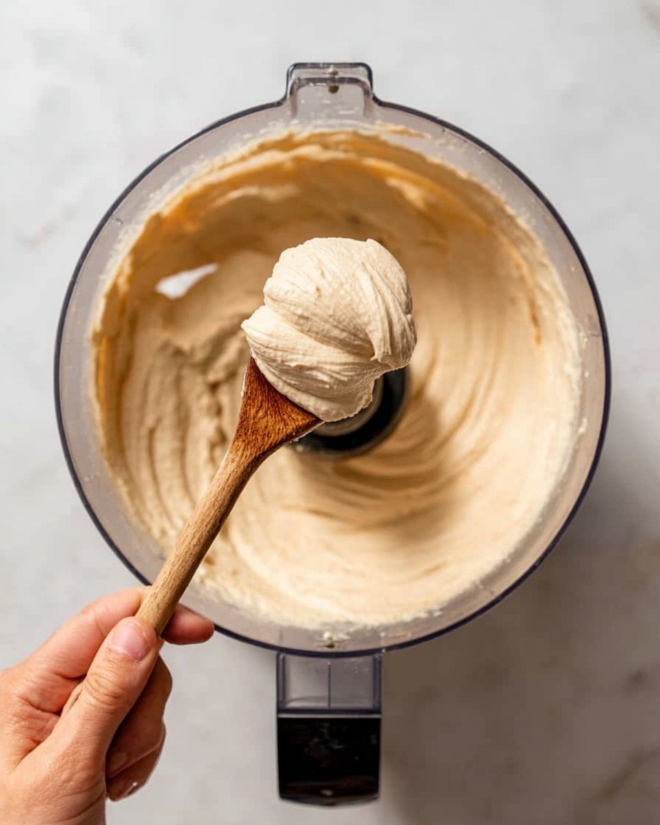 The image shows a glass bowl of a food processor filled with smooth, light beige cream. A woman's hand holds a wooden spoon above the bowl, scooping the thick cream, showing its soft and creamy texture. The food processor sits on a white marbled surface. photo taken with an iphone --ar 4:5 --v 7