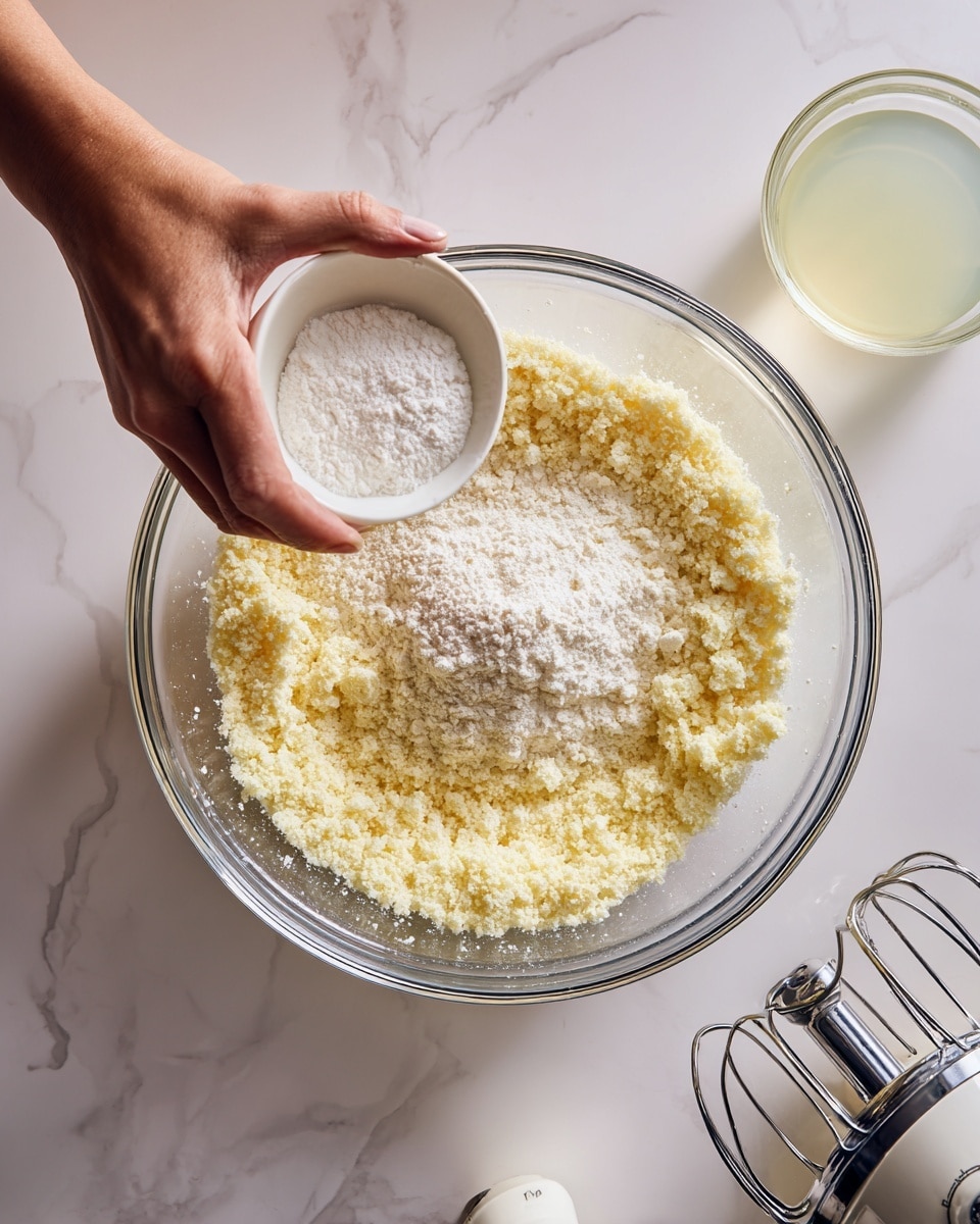This image shows a group of vanilla cupcakes arranged on a clear two-tier stand and small white plates, sitting on a white marbled surface. Each cupcake has a swirl of yellow and reddish-orange frosting on top, decorated with small white round sprinkles and garnished with small green mint leaves. Around the cupcakes, there are whole peaches and peach halves, as well as a cork, and two glasses of a light-colored drink are visible in the background. The background itself is a bright light blue color that looks like painted or textured surface. photo taken with an iphone --ar 4:5 --v 7