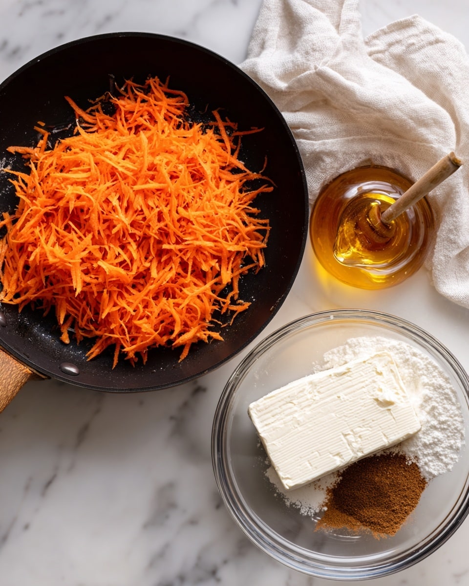 The left side shows a black frying pan with bright orange grated carrots spread evenly across the pan, sitting on a white marbled surface. On the right side, a clear glass bowl contains a large white block of cream cheese, white powdered sugar piled on one side, brown cinnamon, and dark liquid vanilla extract; golden honey is being poured over the cream cheese from above. A white cloth is placed in the background. photo taken with an iphone --ar 4:5 --v 7