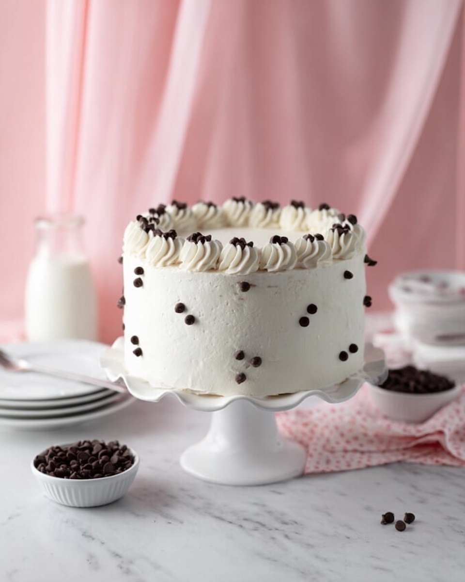 The image shows a tall slice of white cake with small dark chocolate chips inside, forming two thick layers separated by light brown filling. The top layer of the cake is covered with smooth white frosting and decorated with more dark chocolate chips sprinkled on top. The cake slice sits on a simple white plate with a few chocolate chips around it, placed on a white marbled surface. In the background, there is a glass bottle of milk and a few more chocolate chips in a white bowl with pink paper, all slightly out of focus. photo taken with an iphone --ar 4:5 --v 7