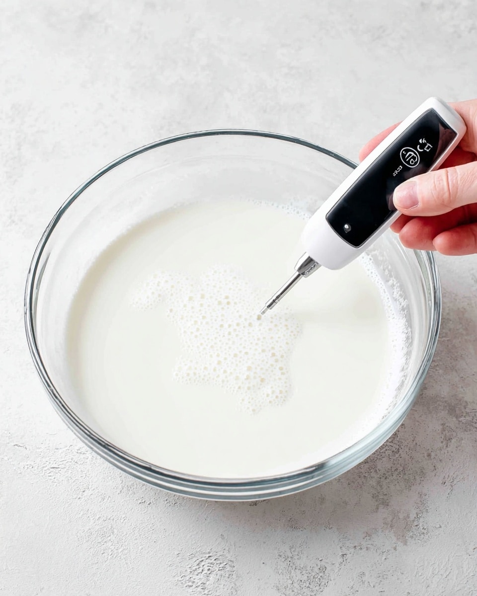 A clear glass bowl filled with a smooth white liquid, which is creamy and slightly frothy on the surface, sits on a white marbled textured background. A woman's hand holds a black digital thermometer with a white top, gently dipping its silver probe into the liquid to measure the temperature. The bowl takes up most of the image, showing the liquid's soft texture and small bubbles scattered across the surface. The scene is bright and clean, focusing on the liquid and thermometer interaction. photo taken with an iphone --ar 4:5 --v 7