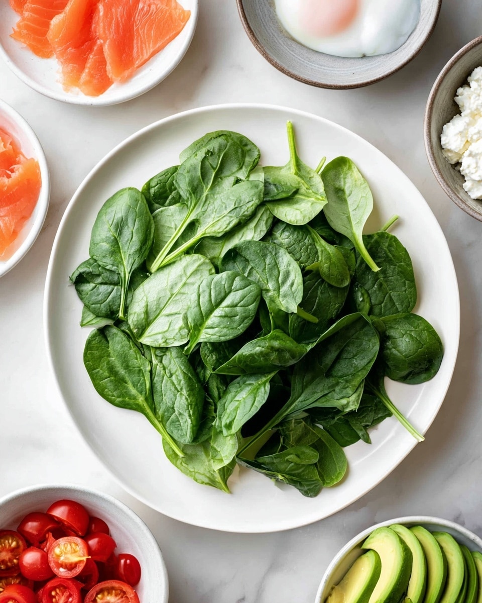 A large white plate filled with fresh green spinach leaves arranged loosely in the center, showing different shades of green with visible leaf veins and stems. Surrounding the main plate are smaller white bowls and one gray bowl on a white marbled surface: at the top left, thin slices of bright orange smoked salmon; at the top right, a gray bowl holding a white poached egg with a soft pinkish tinge; below the salmon, a bowl of shiny red cherry tomato slices; below the tomatoes, a small bowl of creamy white cottage cheese; and at the bottom right, a white bowl with neatly sliced green avocado fanned out in layers. The scene looks fresh and colorful with natural lighting, photo taken with an iphone --ar 4:5 --v 7