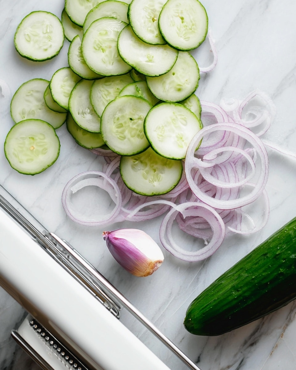 The image shows thin, round slices of cucumber and onion placed on a white marbled surface. The cucumber slices are arranged in a scattered, overlapping pattern below a pile of thinly sliced translucent onion rings with a slight purple tint. To the right of the slices, there is a whole cucumber with dark green skin and a small, halved purple onion. In the bottom left corner, a white mandoline slicer with metal blades is partially visible. The overall look is clean and fresh with natural lighting. photo taken with an iphone --ar 4:5 --v 7