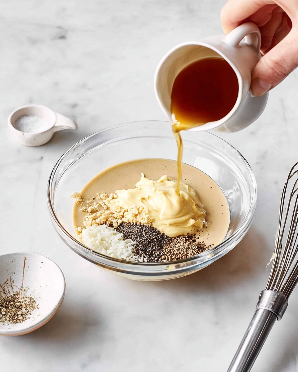 A clear glass bowl sits on a white marbled surface, filled with several sauce layers that include a smooth beige base, a dollop of creamy light yellow mustard on top, minced white garlic, and a pile of cracked black pepper. A woman's hand is pouring a small white cup of amber liquid, likely vinegar or oil, into the bowl on the right. Next to the bowl is a metal whisk resting on the surface, and above the mixing bowl is a small white dish with mixed salt and pepper. The overall setting has soft lighting and a clean, bright kitchen look. photo taken with an iphone --ar 4:5 --v 7