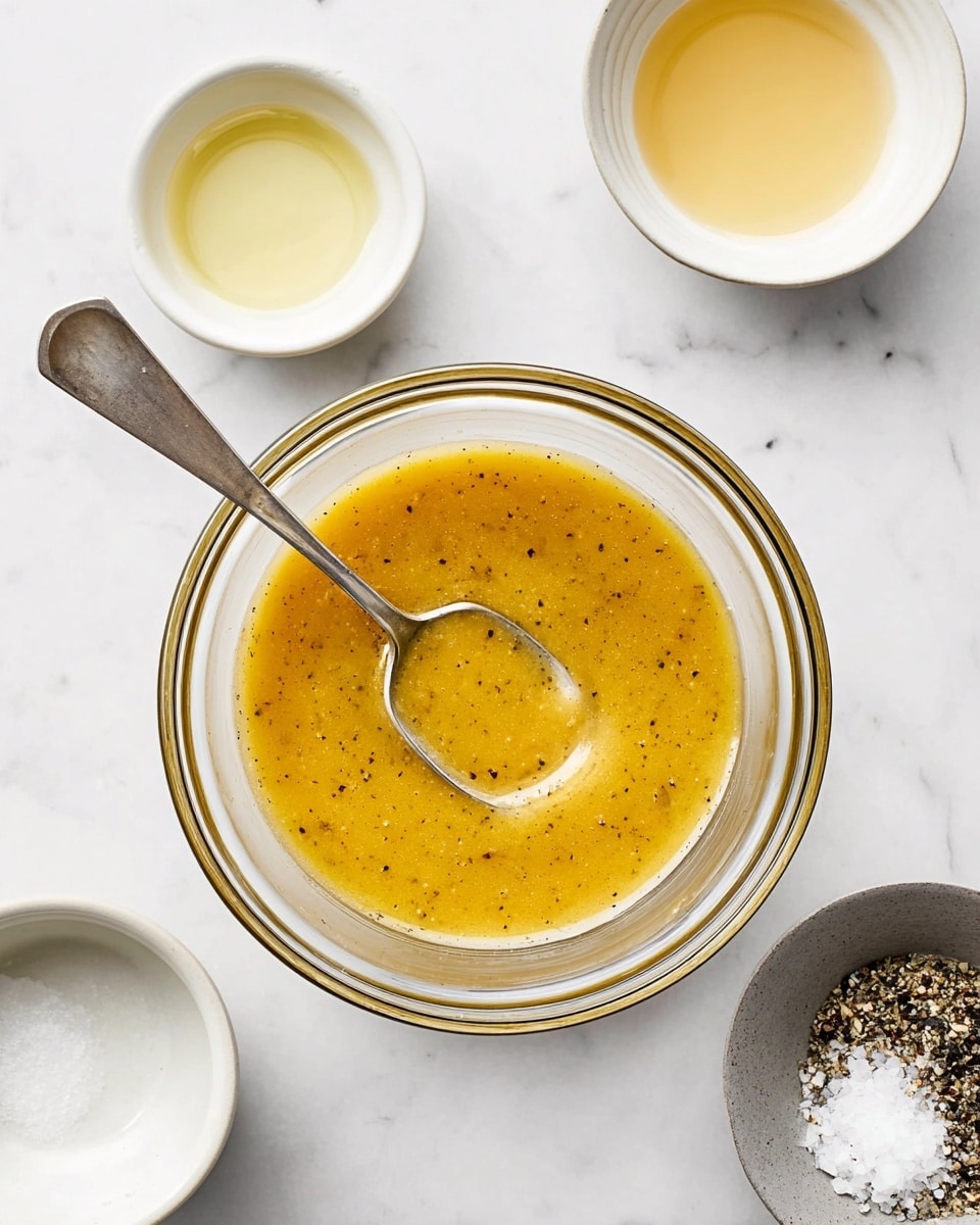 A clear glass bowl sits in the middle filled with a golden yellow mixture that looks smooth with some tiny black specks scattered inside. A silver spoon rests inside the bowl with its handle leaning to the right. Around this bowl, there are four small white bowls, each holding different ingredients: to the top left, a bowl with a pale yellow liquid; to the top right, a small white bowl with a small amount of light liquid; at the bottom left, a white bowl with a creamy off-white substance; at the bottom right, a grayish bowl holding coarse white salt and cracked black pepper. All bowls are placed on a white marbled surface. Photo taken with an iphone --ar 4:5 --v 7