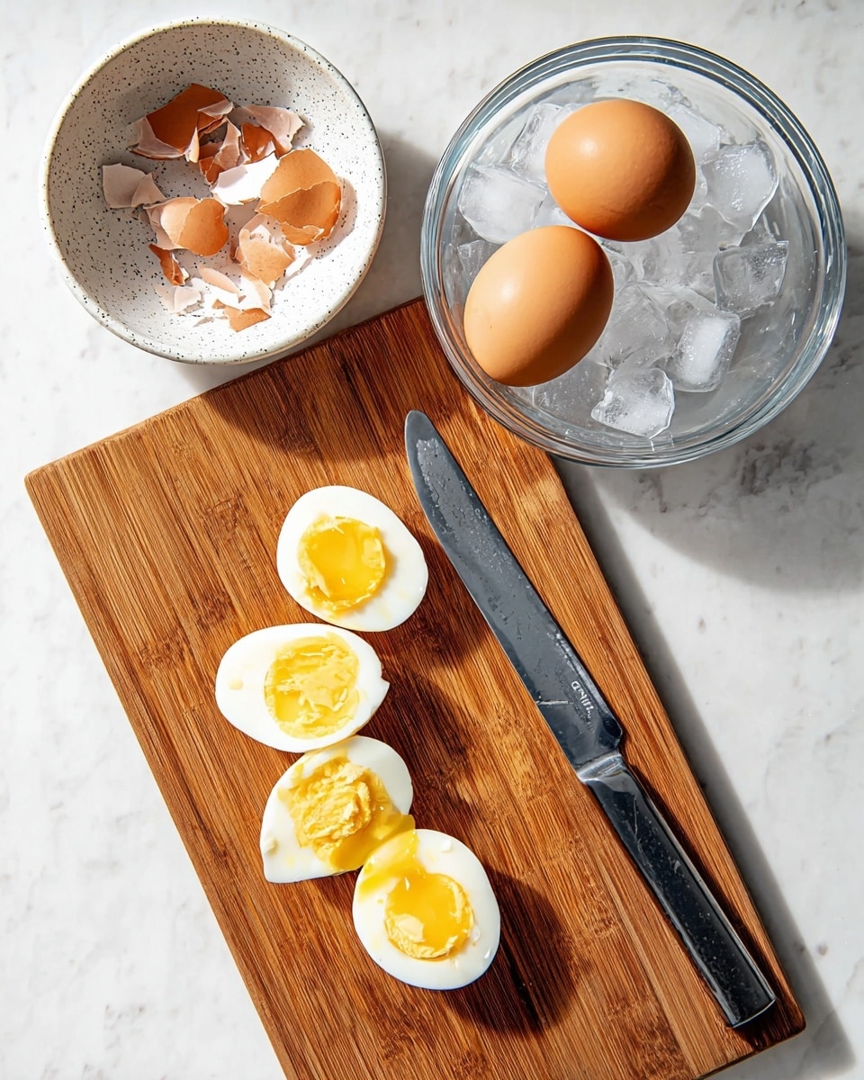On a wooden cutting board placed on a white marbled surface, there are three halved soft-boiled eggs arranged in a row, showing their bright yellow yolks and smooth white edges. A silver knife with a black handle rests diagonally across the bottom of the board with one egg half touching its blade, displaying some yolk on it. Above the eggs, a small white speckled bowl contains broken brown eggshell pieces. Next to the bowl, a clear glass bowl filled with ice cubes holds two whole brown eggs. The scene is clean and simple with natural light highlighting the textures and colors, photo taken with an iphone --ar 4:5 --v 7