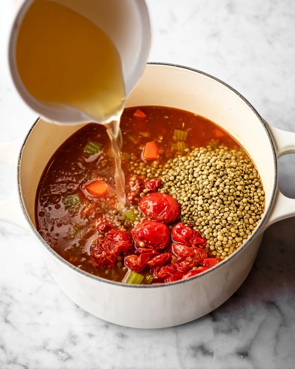 A white pot sits on a white marbled surface, filled with a reddish broth containing small pieces of green celery and orange carrot. On the right side of the pot, there is a pile of light green lentils resting on the broth, next to a cluster of bright red roasted tomatoes on the left. A white cup above the pot is pouring light golden liquid into the pot. A woman's hand holds the cup, but only a small part of the fingers is visible. photo taken with an iphone --ar 4:5 --v 7
