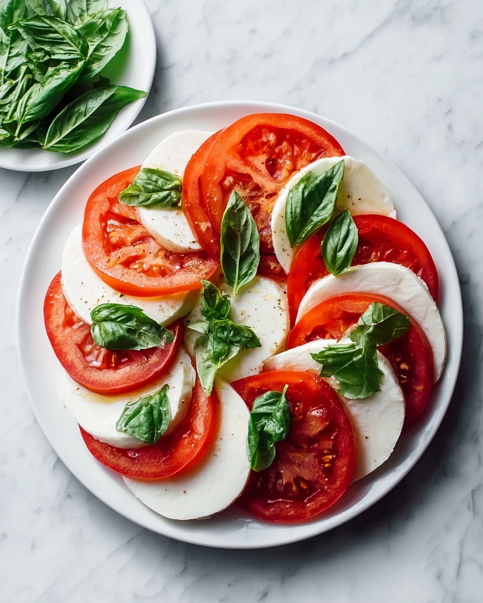 A white round plate on a white marbled surface holds a simple Caprese salad arranged in a circular pattern. There are alternating layers of thick red tomato slices and white mozzarella cheese slices, with each tomato slice showing its juicy, slightly glossy texture and each mozzarella slice smooth and soft. Bright green fresh basil leaves are evenly placed on top of the tomato and mozzarella layers, adding a pop of color and freshness to the dish. To the left, a small white plate holds extra basil leaves. photo taken with an iphone --ar 4:5 --v 7