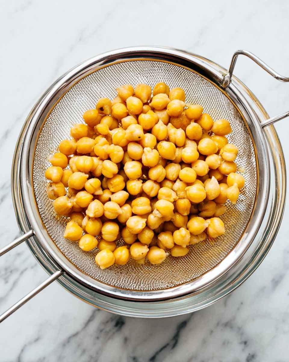 A shiny silver metal strainer filled with small, round, yellow chickpeas sits on top of a clear glass bowl. The background is a white marbled surface, which gives a clean and bright look. The chickpeas are piled in the center, showing their smooth and slightly soft texture. The strainer’s fine mesh and metal frame are clearly visible, and its handle extends to the left. The glass bowl underneath catches any drained liquid, being mostly clear and simple in design. photo taken with an iphone --ar 4:5 --v 7