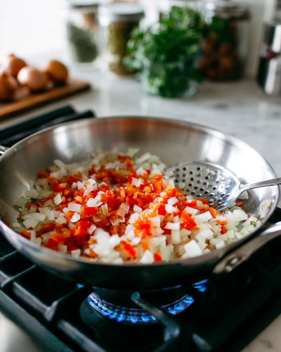 A close-up view of a shiny silver pan on a gas stove with a blue flame visible beneath it, filled with two layers of finely chopped vegetables: white onions and bright red bell peppers, mixed evenly. A silver slotted spoon rests inside the pan, its handle extending out to the right. In the blurred background, there are jars of green herbs and some round, brown items on a white marbled surface. The lighting is bright and natural, making the colors of the vegetables pop. photo taken with an iphone --ar 4:5 --v 7