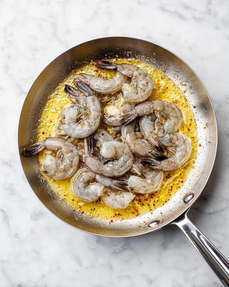 A silver pan sits on a white marbled surface filled with raw shrimp arranged in a single layer. Under the shrimp is a melted yellowish butter sauce with specks of red seasoning, creating a glossy and slightly textured base. The shrimp are gray with white flesh and dark tails, some slightly curled and others straight, showing their translucent and fresh texture. The pan handle extends to the right and the overall scene is well lit, highlighting the contrast between the shiny metal and the shrimp. photo taken with an iphone --ar 4:5 --v 7
