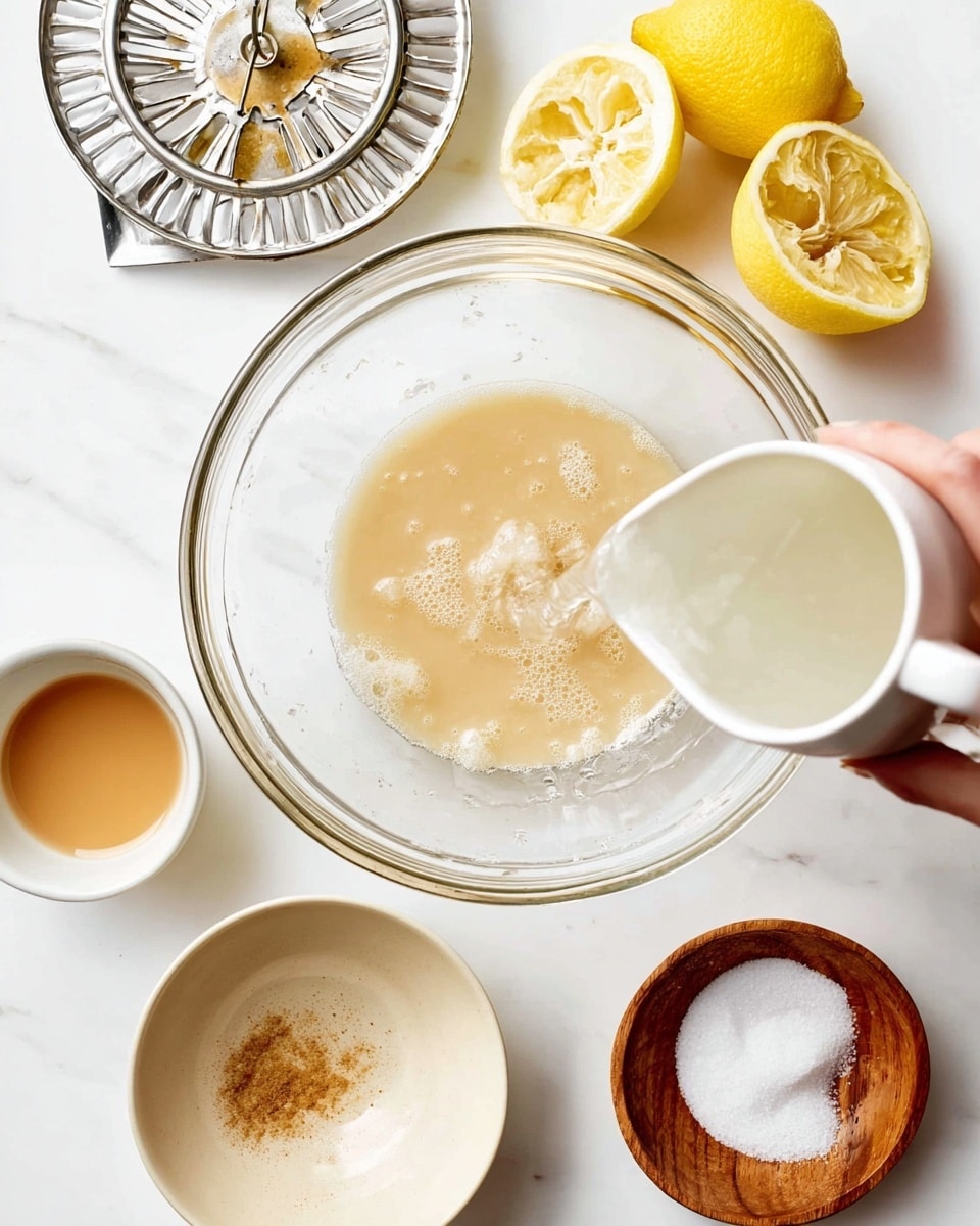 A clear glass bowl sits on a white marbled surface, filled with a light beige liquid mixture that has small clumps and a slightly thick texture. A woman's hand is pouring clear water from a small white pitcher into the bowl. Above the bowl, there is a metal lemon squeezer with juice residue and two halves of a yellow lemon nearby. Around the bowl, there are small round dishes: one white dish with a sprinkle of brownish powder, a beige bowl holding a creamy light brown sauce, and a wooden bowl filled with white granulated salt. Photo taken with an iphone --ar 4:5 --v 7