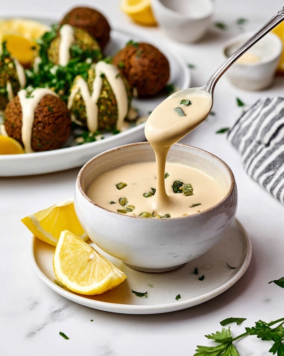 A white bowl filled with thick, creamy beige sauce topped with small green herb pieces sits on a matching white plate, which holds two yellow lemon wedges on the left side; a silver spoon lifts some of the sauce, showing its smooth, dripping texture. Behind, a white plate holds dark brown falafel balls, some with a green inside, drizzled with the same beige sauce, and garnished with fresh green parsley leaves and lemon wedges. The scene rests on a white marbled surface with a folded striped cloth to the right and some parsley and lemon pieces scattered around. Photo taken with an iphone --ar 4:5 --v 7
