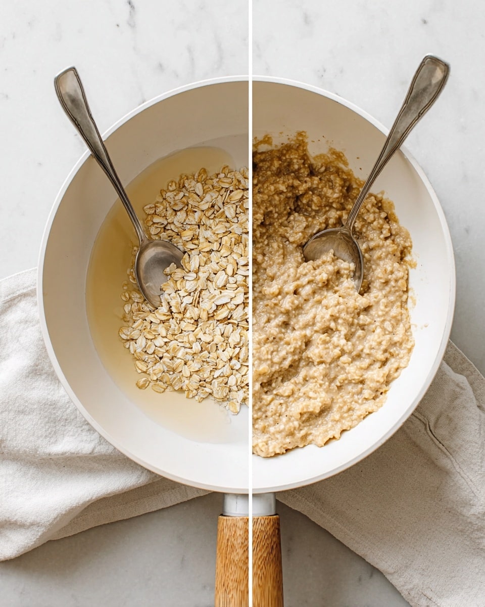 The image shows two side-by-side views of a white pan with a wooden handle on a white marbled surface. On the left side, the pan contains dry pale yellow rolled oats resting over a layer of clear liquid, with a silver spoon standing upright in the oats. On the right side, the same pan shows the oats fully mixed, forming a thick, creamy, lumpy light brown oatmeal with some texture, also with the spoon placed inside. A soft white cloth is partially visible under the pan. Photo taken with an iphone --ar 4:5 --v 7