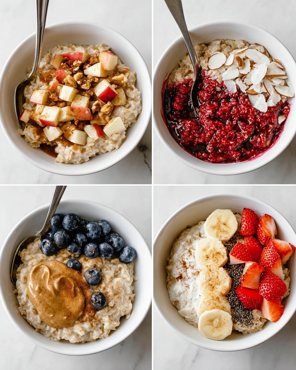 Top left bowl shows creamy oatmeal in white bowl with chopped red apple pieces and walnut pieces on top, drizzled with dark brown syrup, and a sprinkle of cinnamon powder, a silver spoon inside near the bottom right edge. Top right bowl contains oatmeal mixed with bright red raspberry sauce on the right side, topped with white coconut flakes and light brown almond slices, silver spoon on the right edge. Bottom left bowl has oatmeal topped with thick light brown nut butter pooled on upper left, fresh dark blue blueberries on bottom left, and sliced pale yellow banana arranged in a fan on right with some black chia seeds sprinkled, silver spoon tucked inside right edge. Bottom right bowl filled with oatmeal, on top left has white creamy yogurt, right side has chopped red strawberries with some brown cinnamon dust sprinkled, silver spoon on right edge. All bowls are on a white marbled surface, photo taken with an iphone --ar 4:5 --v 7
