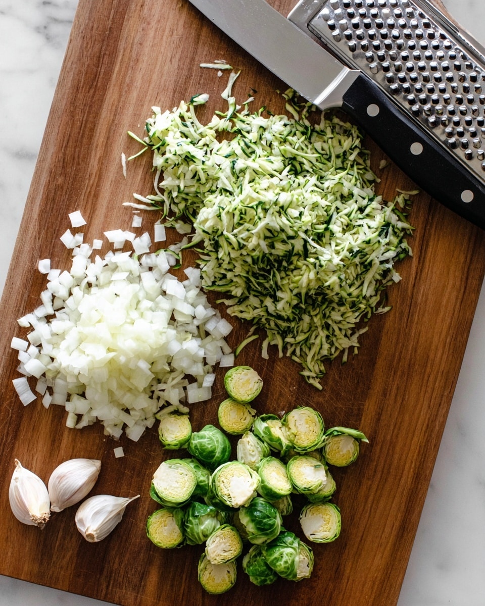 On a wooden cutting board with a sharp knife and metal grater, there are three piles of vegetables. On the left side, a pile of small white chopped onions shows a rough square shape. Above it, a pile of finely shredded green zucchini with light green and white textures is next to the grater. On the right, there are sliced Brussels sprouts in round shapes showing green outer leaves and pale yellow centers. Near the vegetables, there are three whole garlic cloves with white papery skin. The knife handle is black with two silver rivets. The background outside the cutting board is a white marbled texture. photo taken with an iphone --ar 4:5 --v 7