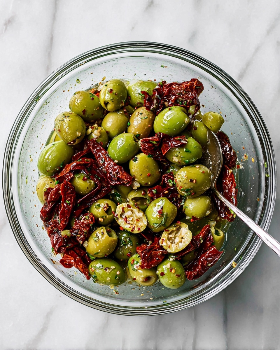 A clear glass bowl sits on a white marbled surface, filled with layers of green olives, some whole and some cut in half, mixed with pieces of sun-dried tomatoes that are dark red and wrinkled. The olives and tomatoes are coated in a light layer of olive oil with visible specks of chopped garlic and herbs scattered evenly throughout. A silver spoon rests inside the bowl, slightly tilted, showing the glistening texture of the ingredients. The colors range from the shiny green olives to the deep red sun-dried tomatoes, creating a fresh and vibrant mix photo taken with an iphone --ar 4:5 --v 7