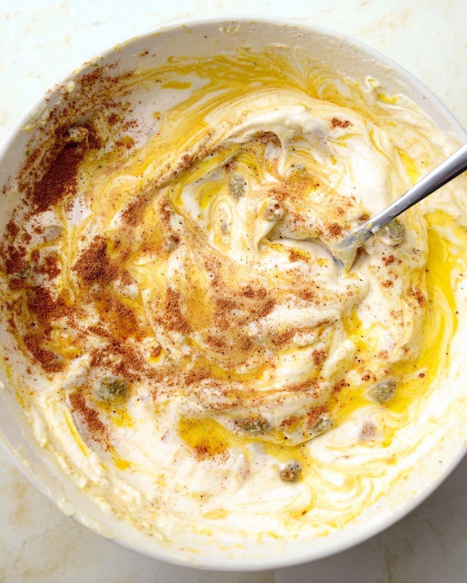 The image shows a close-up of a white bowl filled with a creamy mixture that has swirls of golden yellow and light brown spices spread unevenly on top. The creamy base is smooth and white, while the yellow parts look like oil drizzled in uneven lines, and the brown color appears as fine powder sprinkled and swirling gently into the cream. A metal spoon rests inside the bowl, partially submerged in the mixture. The bowl sits on a white marbled surface. Photo taken with an iphone --ar 4:5 --v 7