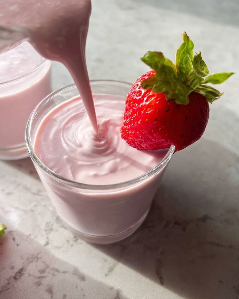 A clear glass filled with light pink creamy strawberry yogurt being poured from above, forming soft swirls on the surface. A bright red strawberry with fresh green leaves is attached to the rim of the glass, standing out against the smooth yogurt and transparent container. The glass sits on a white marbled surface with part of another glass and strawberry visible on the left. Soft natural light highlights the yogurt’s smooth texture and the strawberry’s shiny, detailed skin. photo taken with an iphone --ar 4:5 --v 7