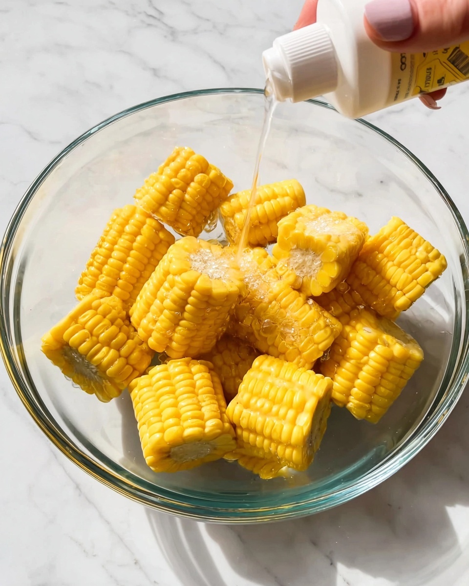 A clear glass bowl holds about eleven bright yellow corn pieces cut into short rounds, stacked loosely with natural texture showing on the kernels and white inner cob visible on some ends. Above the bowl, a woman's hand is seen squeezing a white spray bottle, releasing a thin stream of liquid onto the corn. The scene is set on a white marbled surface that adds a soft, clean contrast to the vibrant yellow corn, with bright, natural lighting highlighting the shiny, fresh look of the corn pieces. photo taken with an iphone --ar 4:5 --v 7