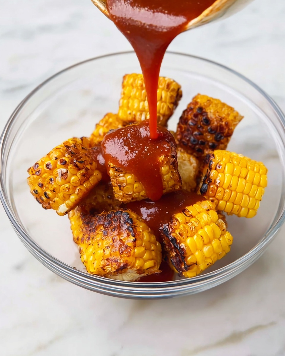 A clear glass bowl sits on a white marbled surface, holding nine pieces of grilled corn cut into small rounds with a golden yellow color and charred brown spots clearly visible around the kernels. A thick, rich red sauce is being poured over the corn from above, with the sauce flowing in a smooth stream and creating shiny wet areas on the corn pieces underneath. The scene is close-up, highlighting the textures of the grilled corn and the glossy sauce. photo taken with an iphone --ar 4:5 --v 7
