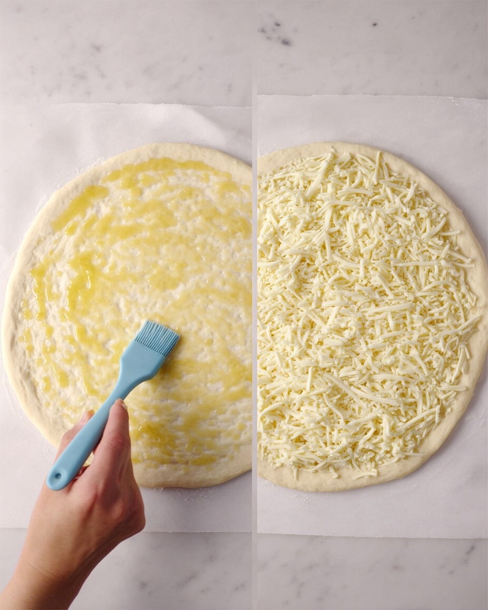 A white round dough base is shown in two stages on a white marbled surface. On the left side, a woman's hand holds a light blue brush spreading a shiny yellow layer of oil or butter evenly over the dough. On the right side, the dough is covered with a thick, uneven layer of shredded white cheese, densely spread across the surface and reaching almost to the edges. The dough has a slightly raised edge around the circle. photo taken with an iphone --ar 4:5 --v 7