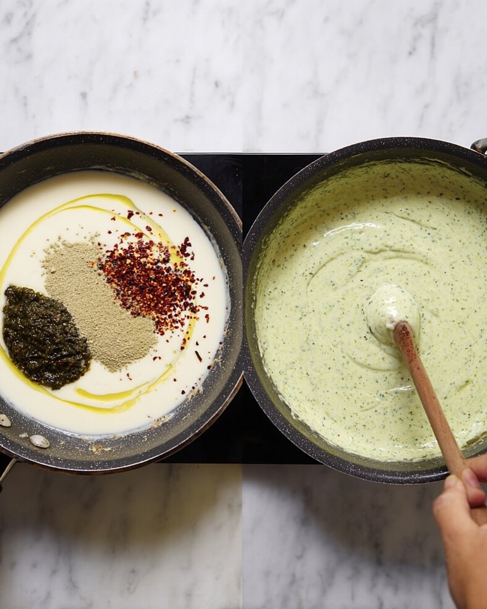 The image shows two black pans on a white marbled surface, each filled with penne pasta in a creamy green sauce. In the left pan, the penne pasta is piled on top of the sauce in one thick layer, and a woman's hand is holding a colander filled with more pasta, about to add it to the sauce. The sauce underneath is smooth with visible green herb flecks. In the right pan, the pasta is mixed evenly with the creamy sauce, creating a uniform layer of pale yellow and light green speckles across the whole pan. A wooden spoon rests inside this pan, blending the pasta and sauce together. Photo taken with an iphone --ar 4:5 --v 7