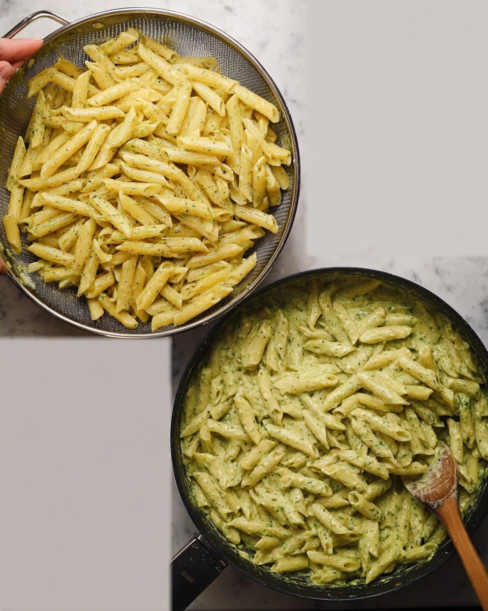 The image shows two black pans on a white marbled surface. In the left pan, there are five layers of ingredients: a creamy white liquid covering the bottom, a soft swirl of yellow oil around the edges, a dark green paste sitting on the left side, a small heap of light brown powder near the center, and scattered red chili flakes on the top left. In the right pan, the creamy white sauce is mixed with the green and spices, forming a smooth light green sauce with tiny dark specks throughout, being stirred by a wooden spoon held by a woman's hand, a whole vanilla bean visible resting in the sauce. photo taken with an iphone --ar 4:5 --v 7