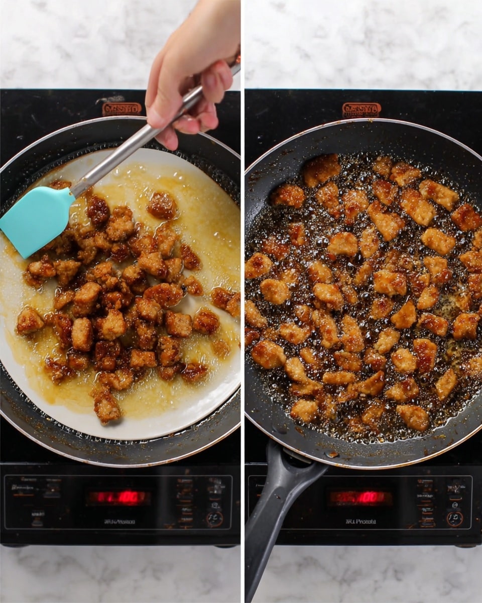 The image shows two side-by-side views of a black frying pan on a stovetop with small, golden brown pieces of cooked food. On the left, a woman's hand uses a light blue spatula to move the pieces from the pan onto a white plate, revealing the browned crispy texture of the food and a light layer of cooking liquid underneath. The right side shows the pan full of these browned pieces frying in bubbling oil with a shiny, caramelized surface. The background is a white marbled countertop, and the stovetop is black with a red digital display. Photo taken with an iphone --ar 4:5 --v 7
