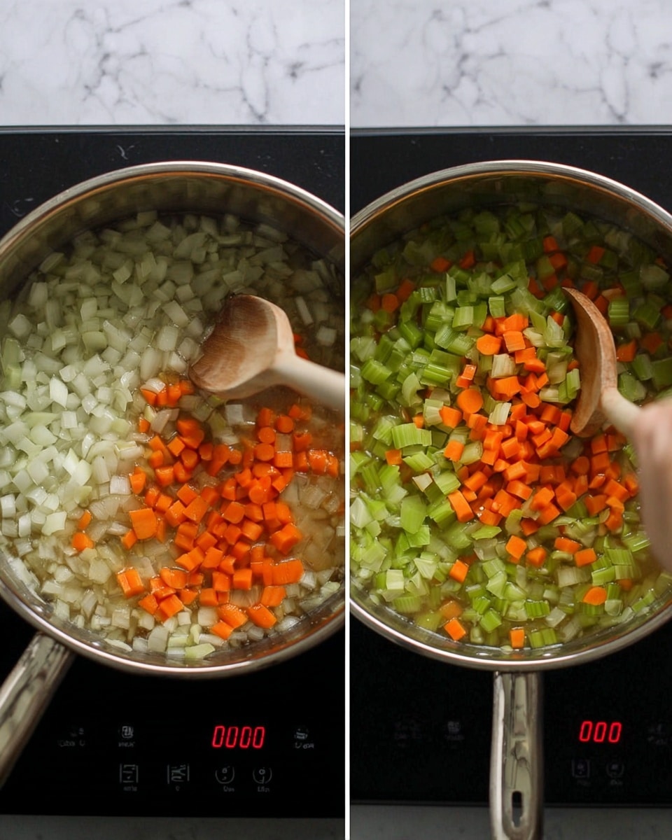 A silver pot sits on a stovetop with a white marbled texture beneath, filled with three layers of diced vegetables: white onions on the left, bright orange carrots in the middle, and light green celery on the right. In the second image, the same pot shows the vegetables being stirred with a light brown wooden spoon held by a woman's hand, and the vegetables now appear softer and slightly cooked, with the colors blending a bit, still showing the diced shapes clearly. The stovetop display glows red with the number 1000 visible. Photo taken with an iphone --ar 4:5 --v 7