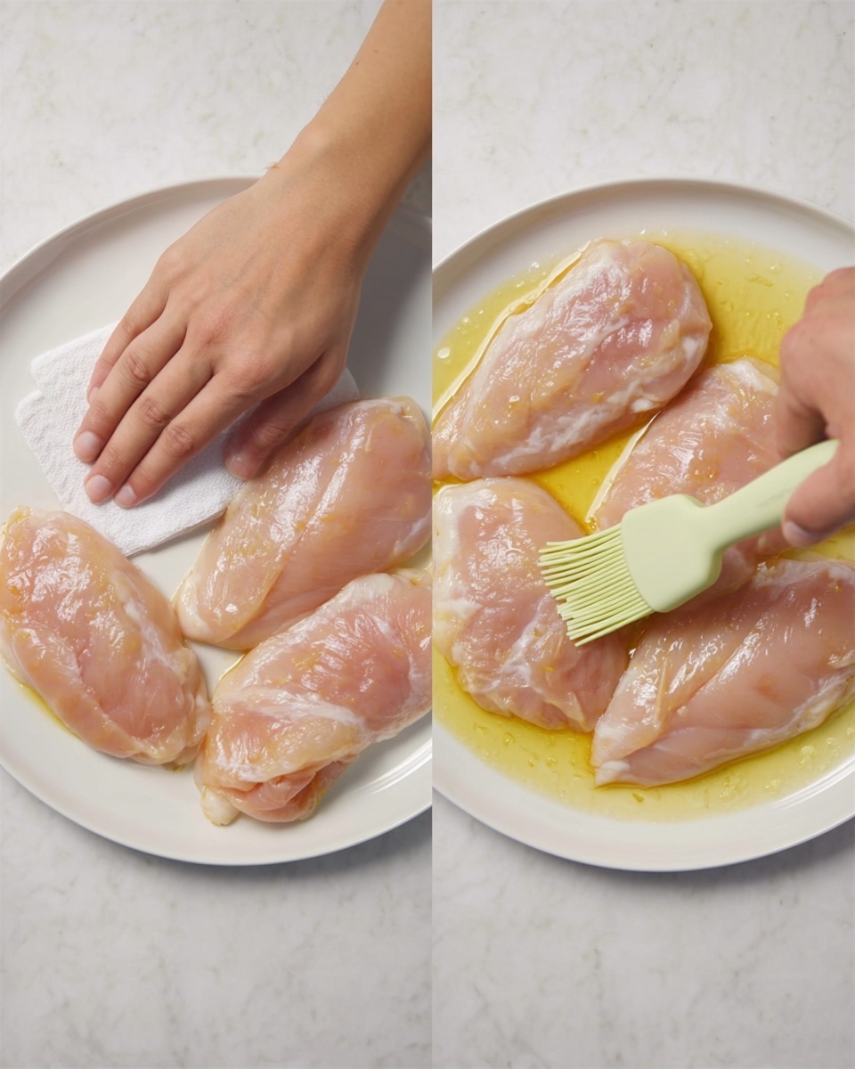 The image shows two white round plates on a white marbled surface, each with four raw chicken fillets arranged in a circle. On the left plate, a woman's hand is patting the chicken fillets with a white cloth, making the fillets look moist and slightly shiny. On the right plate, a silicone brush with light green bristles is brushing a yellow oil over the chicken fillets, giving them a glossy appearance. The chicken pieces are light pink with a smooth texture, and the plates have a subtle marble pattern. Photo taken with an iphone --ar 4:5 --v 7
