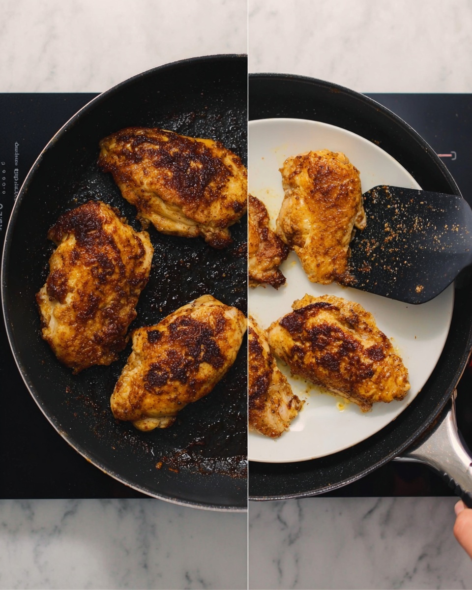 The image shows four pieces of golden brown, cooked chicken in a black frying pan, each piece with a slightly crispy, dark brown crust on top. The chicken pieces have a rough, uneven texture and are placed close together in the pan. The right side of the image shows a woman's hand holding a white plate, lifting one piece of chicken with a black spatula that has light speckles. The background and surface below the pan are white marble. The pan handle extends to the right side of the frame. photo taken with an iphone --ar 4:5 --v 7