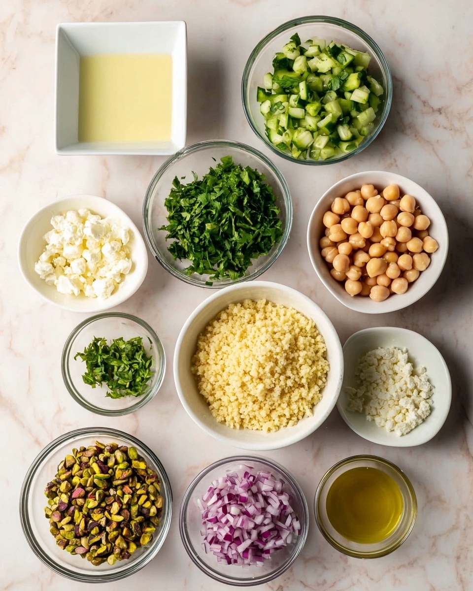 The image shows a close-up view of a bowl filled with six main layers of ingredients arranged side by side. On the top left, there are whole beige chickpeas with a smooth texture. Next to them, on the top center, is a pile of chopped pistachios in a mix of green and yellow shades, showing a rough texture. Below the pistachios, on the bottom left, is a layer of white crumbled cheese with a soft, crumbly texture. To the right of the cheese, in the bottom center, are bright green cucumber pieces cut into small cubes with a fresh, glossy look. Next to the cucumbers, on the bottom right, are purple diced onions with a shiny, firm look. Finally, on the top right, is a pile of finely chopped dark green herbs, likely parsley or cilantro, with a leafy texture. The ingredients sit in a neutral light gray bowl on a white marbled background. photo taken with an iphone --ar 4:5 --v 7