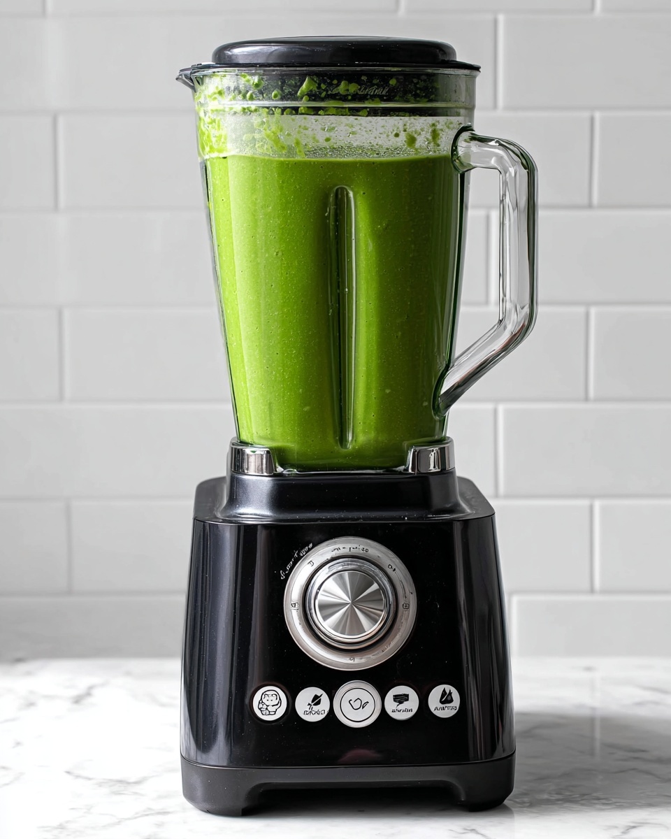 A tall black blender with a clear container filled with bright green creamy smoothie fills the frame. The smoothie appears smooth and thick, nearly reaching the top and showing slight bubbles around the edges. The blender has a round silver dial and several icons on its front panel, set against a white marbled surface and a white tiled background. The clear lid fits tightly on the container, showing some leftover green smoothie on it. Photo taken with an iphone --ar 4:5 --v 7