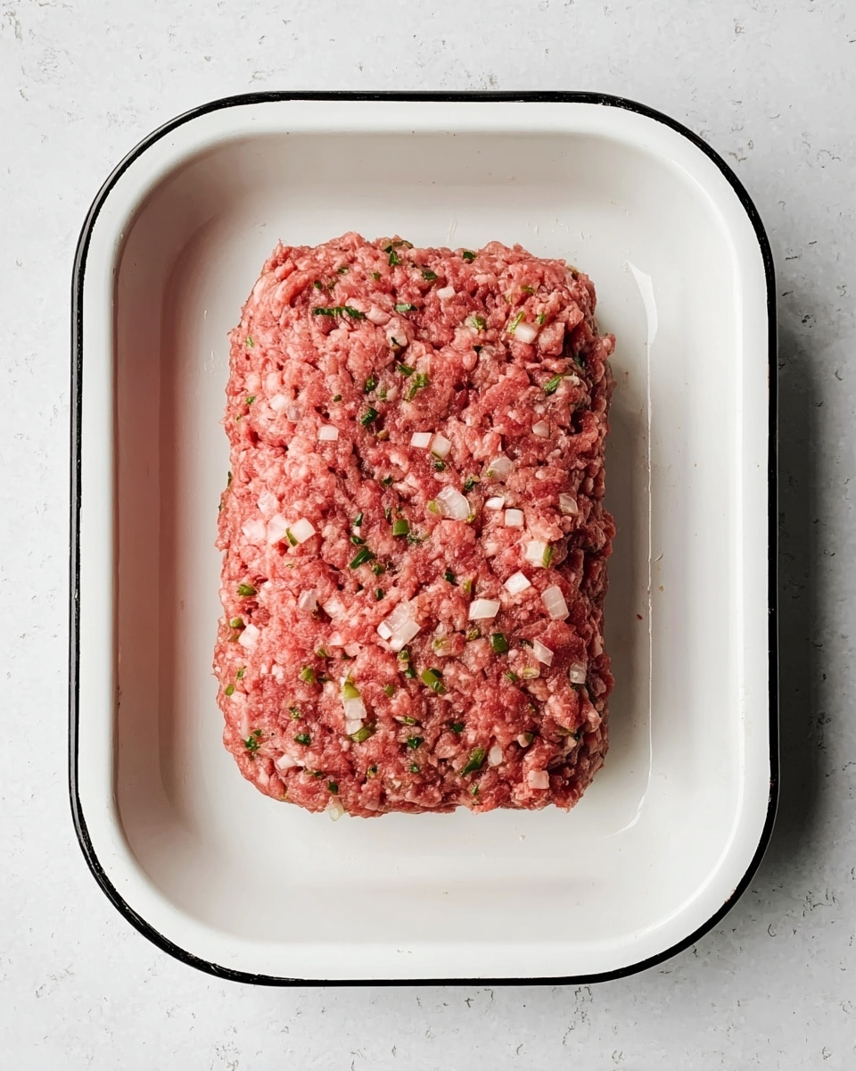 A rectangular block of raw meat mixed with small pieces of white onion and green herbs sits centered in a white enamel tray with a thin black rim. The meat mixture is reddish-pink with visible bits of onion and green herbs scattered inside, giving texture and color variation. The tray rests on a white marbled surface, with soft overhead lighting that highlights the natural texture of the meat. Photo taken with an iphone --ar 4:5 --v 7