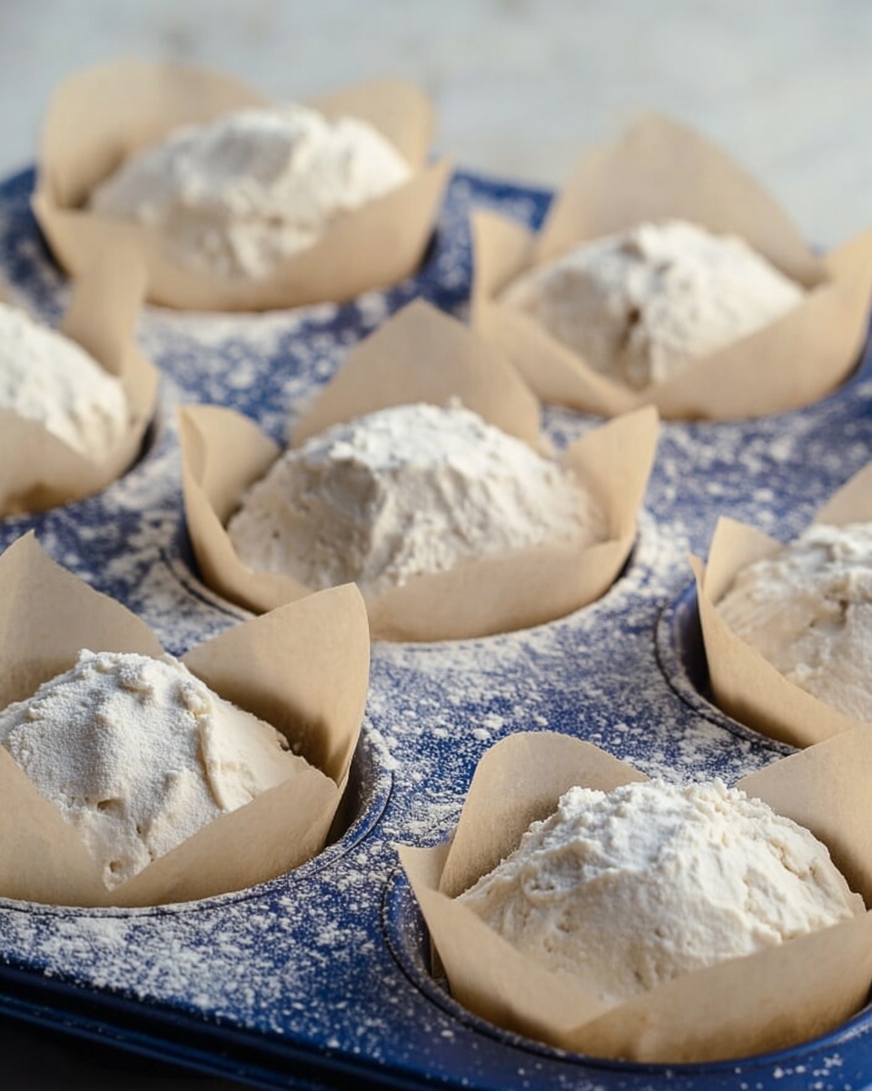 The image shows a close-up of a blue muffin tray filled with raw muffin batter in each cup, lined with light brown parchment paper. Each mound of batter is light beige in color with a fluffy and slightly uneven texture, dusted generously with white flour. The surface of the batter looks soft and powdery, ready for baking. The muffin cups are set on a white marbled texture background. photo taken with an iphone --ar 4:5 --v 7