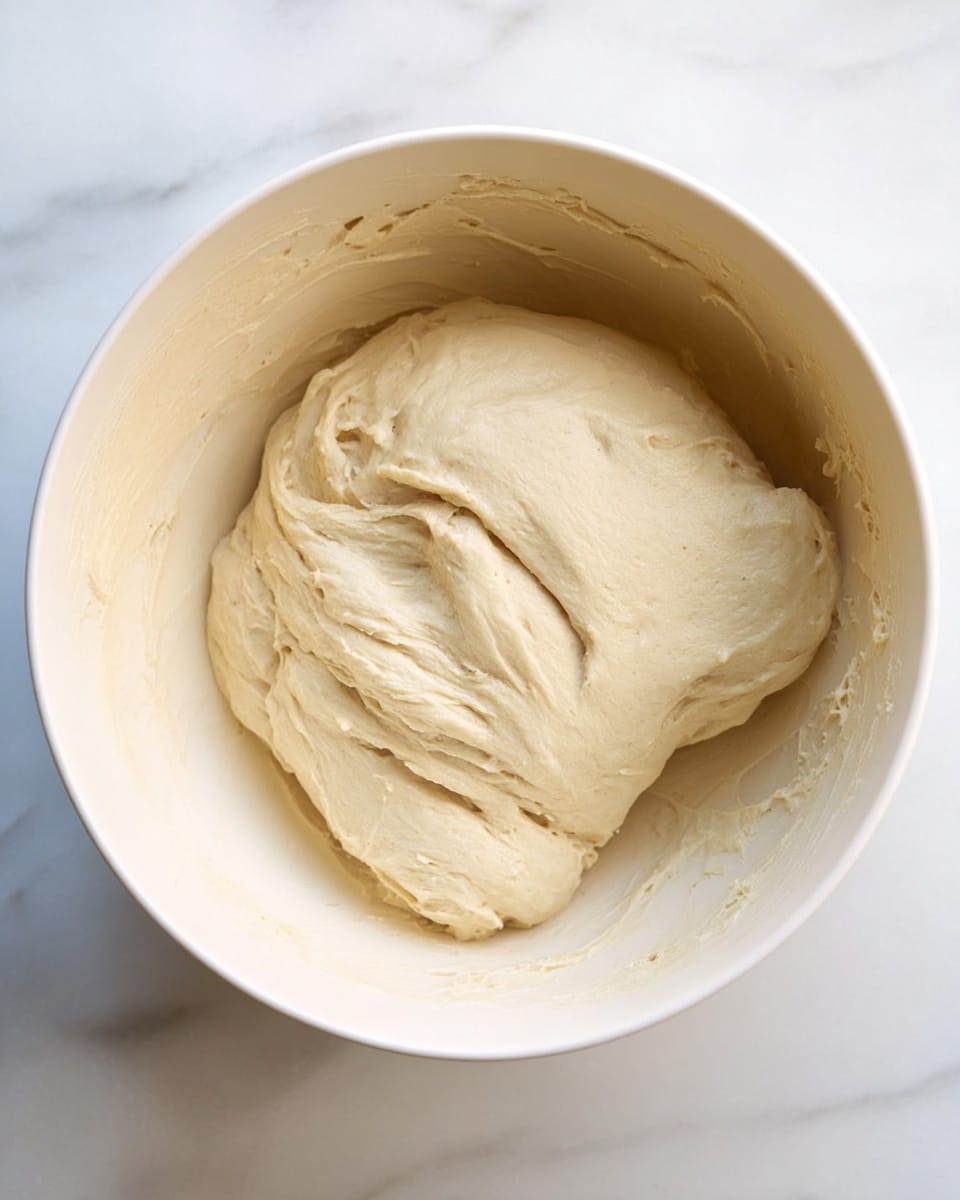 The image shows eight golden brown bread rolls baked together in a black round pan with a hollow center, forming a flower-like shape. Each roll has a shiny, smooth, and slightly browned top layer with a soft, fluffy texture underneath. The rolls are evenly spaced in a circle, touching each other. The pan sits on a white marbled surface with a colorful cloth nearby that has patterns in blue, pink, and yellow. Photo taken with an iphone --ar 4:5 --v 7