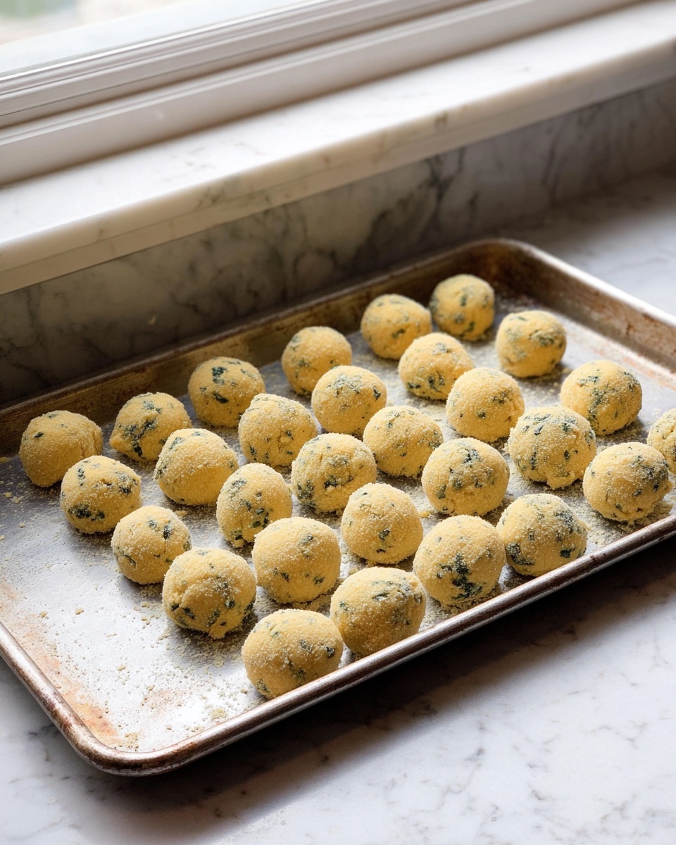 A metal baking tray holds 33 raw, round dough balls arranged in 5 uneven rows. Each dough ball is coated in a light yellow breadcrumb layer mixed with small dark green herb bits, giving a speckled look. The tray sits on a white marbled countertop near a white window frame, bright natural light coming through the window, highlighting the slightly rough texture of the dough balls and the worn surface of the tray. No other objects or hands are visible in the scene. photo taken with an iphone --ar 4:5 --v 7