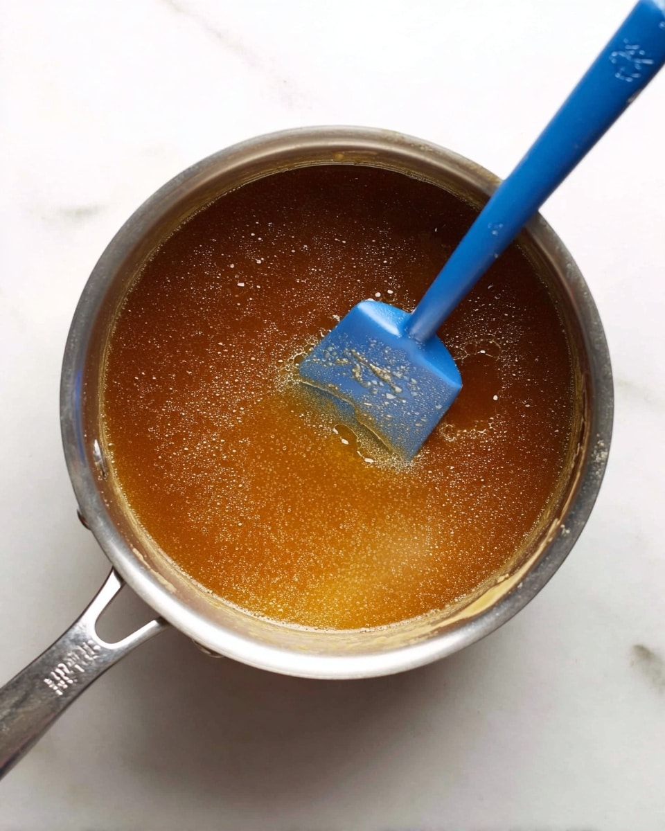 A close-up of a single round cookie on light brown parchment paper shows a textured surface with a golden-brown color that darkens slightly around the edges. The cookie has a slightly uneven and bubbly middle with a shiny, syrupy center that reflects light, suggesting a soft and slightly sticky texture there. The cookie's edges are crisper and more matte, creating a contrast with the shiny center. The background is a white marbled texture. photo taken with an iphone --ar 4:5 --v 7