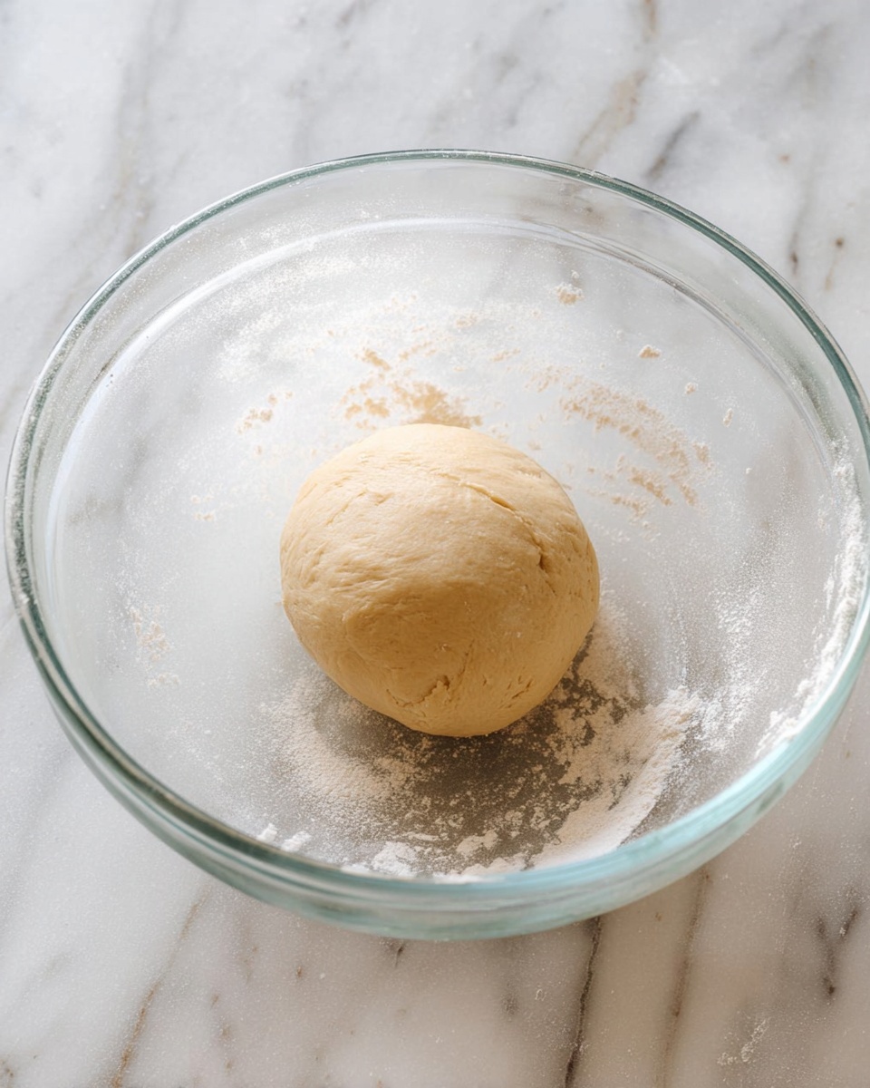 A round smooth dough ball with a light beige color is placed in the center of a clear glass bowl. The bowl sits on a white marbled surface. The dough looks soft and slightly floured, with some flour dusted inside the bowl on the sides. The overall scene is bright with soft natural light, showing the simple preparation stage of dough resting. Photo taken with an iphone --ar 4:5 --v 7