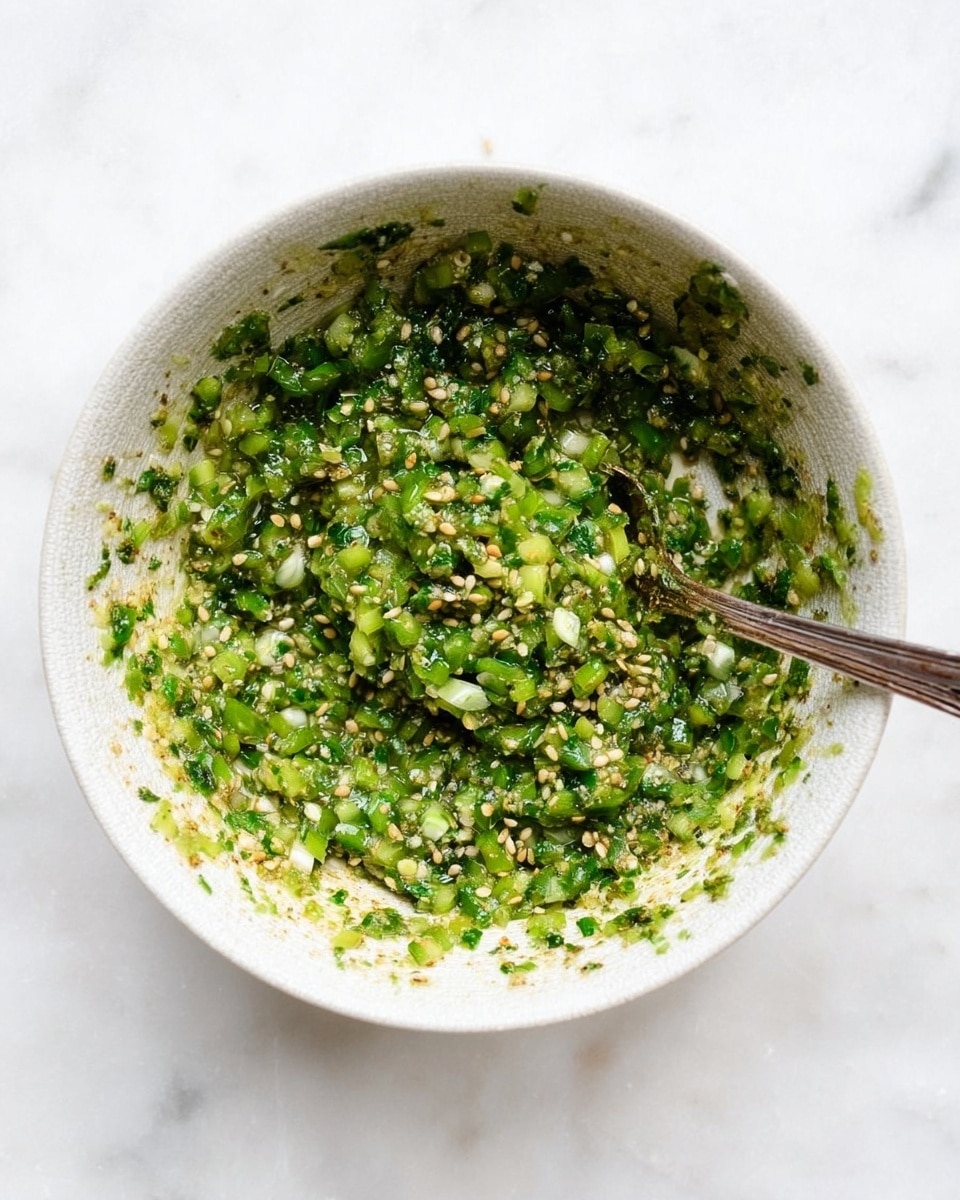 In a white bowl, there is a thick green mixture made of chopped green onions and sesame seeds. The mixture looks moist and slightly chunky, with small bits of green and white pieces clearly visible. A metal spoon is sticking out from the right side, partially covered by the green mixture. The inside of the bowl is speckled with bits of the mix, and the whole scene is set on a white marbled surface. Photo taken with an iphone --ar 4:5 --v 7