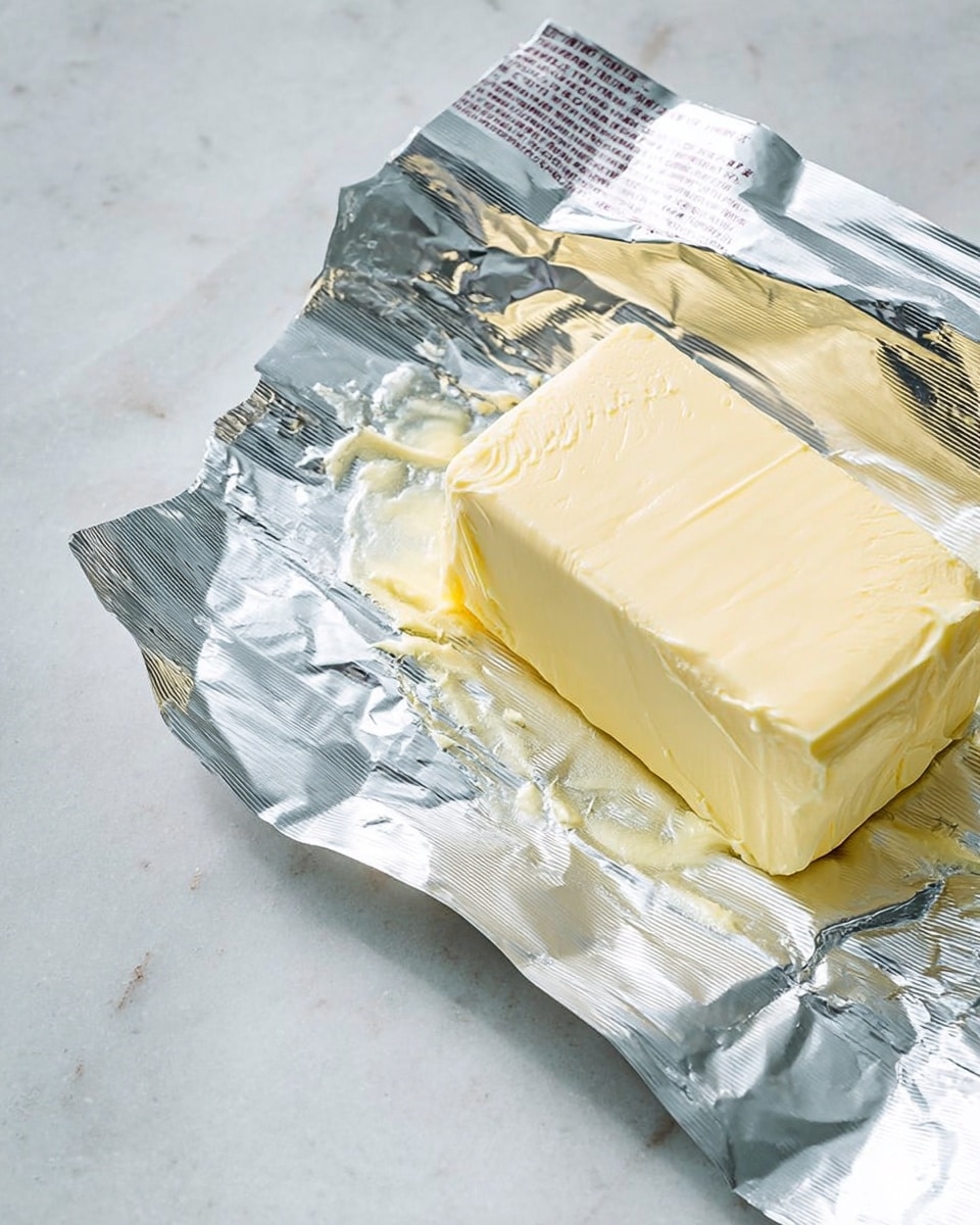 A close-up of a partially unwrapped block of pale yellow butter sitting on a shiny silver foil wrapper that is opened flat, showing some smears of butter on the foil, all placed on a white marbled surface. photo taken with an iphone --ar 4:5 --v 7